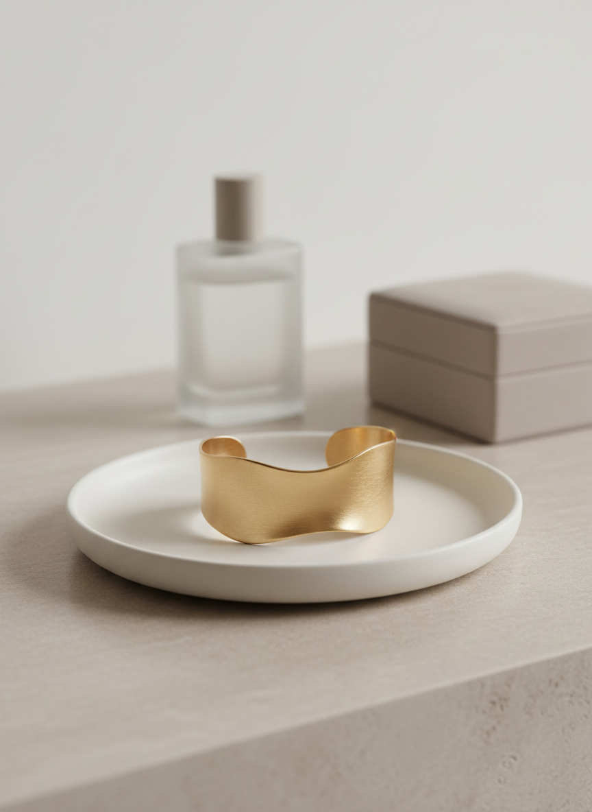 A minimalist vanity scene with a single statement jewelry piece as the focus: a sculptural, wide gold cuff with a brushed finish and a subtle organic curve, resting on a smooth, off-white ceramic tray. The tray sits on a pale beige stone countertop with fine grain detail. In the softly blurred background, a frosted glass perfume bottle and a closed, square jewelry box add quiet context. Soft, overcast natural light from above and slightly behind creates delicate rim highlights along the cuff’s edges and gentle shadows for depth. Photographic realism, eye-level composition using the rule of thirds, a serene, refined atmosphere emphasizing modern luxury and timeless style.
