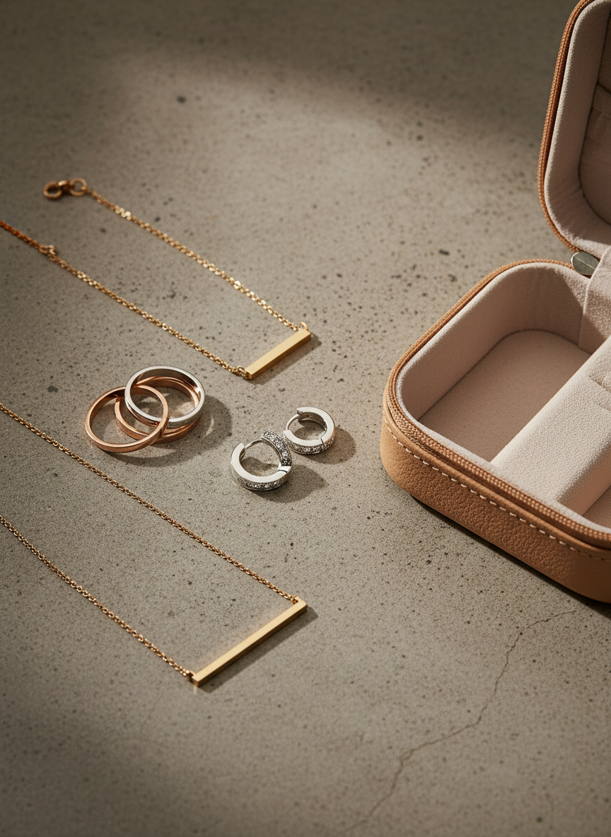 A curated collection of modern everyday jewelry laid out on a textured, warm grey concrete surface: a fine stacking ring trio in mixed metals, a slim chain bracelet with a tiny bar charm, small huggie hoops with micro-pavé details, and a minimalist bar necklace. A partially open travel jewelry case in sand-colored leather with a suede interior sits nearby, hinting at portability and lifestyle. Soft studio lighting from the upper left creates clean, controlled highlights and understated shadows, emphasizing details without harsh contrast. Photographic realism, slightly elevated angle, with asymmetrical yet harmonious arrangement, projecting a polished, contemporary mood suitable for a chic online jewelry catalog.