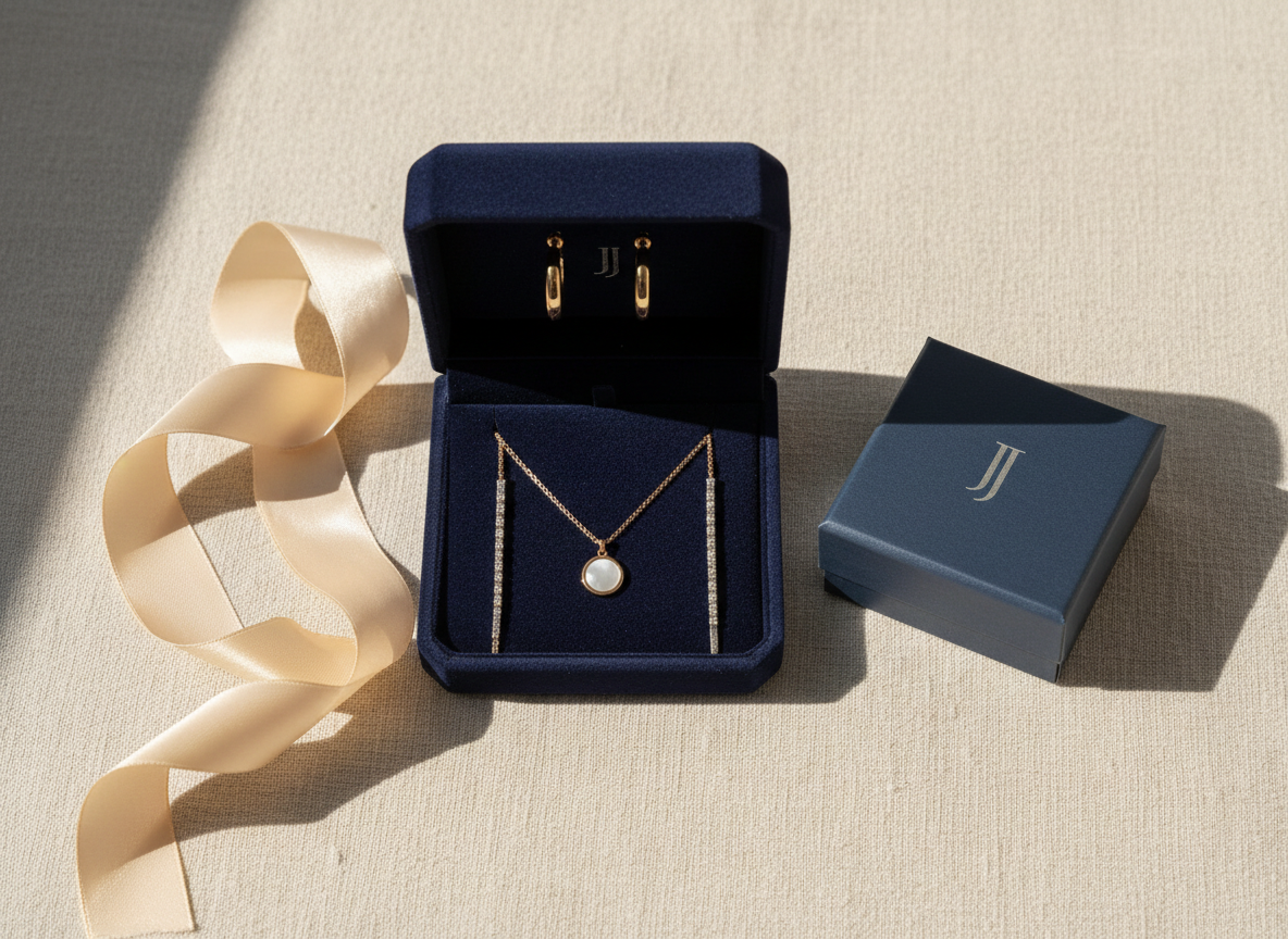 A refined flatlay of a jewelry box collection on a pale ivory linen surface, featuring an open, velvet-lined box displaying a pair of delicate gold hoop earrings, a fine rose-gold chain with a minimalist pendant, and a slim silver bracelet with tiny zirconia stones. Around the box lie softly folded silk ribbons in champagne tones and a closed, embossed gift box with a subtle logo. Soft, diffused daylight from the left creates gentle highlights on the metal and soft shadows along the fabric’s creases. Photographic realism, eye-level top-down composition with shallow depth of field, a calm, sophisticated atmosphere, and a clean, modern aesthetic ideal for an elegant jewelry brand homepage hero image.