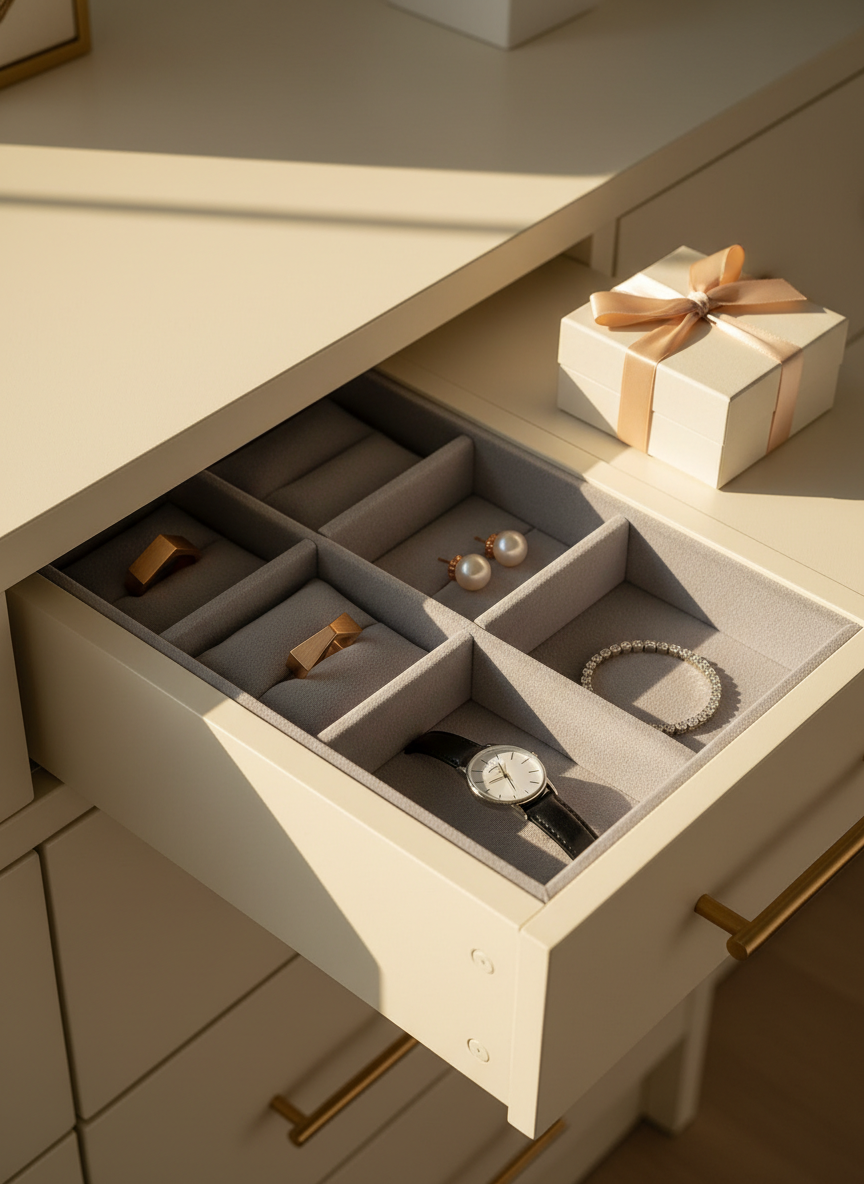 A close-up of an elegant jewelry drawer partially pulled out from a matte ivory dresser, revealing neatly arranged compartments lined with dove-grey velvet. Inside, a curated selection of fine pieces: a structured geometric gold ring, a pair of pearl stud earrings set in rose-gold, a slender tennis bracelet with precisely aligned stones, and a minimalist watch with a polished metal bezel. The surrounding surface holds a single closed jewelry box with a satin ribbon. Warm afternoon light filters in from an unseen window, creating soft reflections on the metals and a serene, luxurious mood. Photographic realism, slightly elevated angle, balanced composition emphasizing order, refinement, and everyday sophistication.