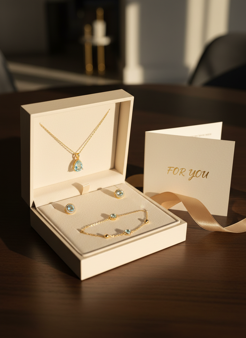 An open, premium jewelry gift set displayed on a dark walnut tabletop, featuring a structured, cream-colored box with a plush velvet insert. Inside, a coordinated set: a dainty necklace with a teardrop gemstone pendant, matching stud earrings, and a fine bracelet, all in warm yellow gold with subtle sparkle. Next to the box rests a folded, textured card and a slim, satin ribbon casually draped. Golden hour light from the right side casts elegant, elongated shadows and creates a gentle glow on the gemstones’ facets. Photographic realism, three-quarter angle, with the background softly blurred, conveying the feeling of an intimate, thoughtful gift moment and a sophisticated, modern brand.